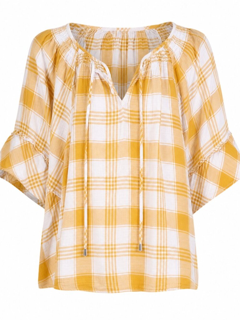A.N.A Plus Size Yellow Plaid Ruffle Sleeve Tie Neck Top XXL Casual Summer Blouse